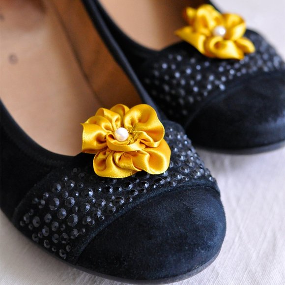 Hand Crafted Accessories - Yellow Ribbon Flower Shoe Clips